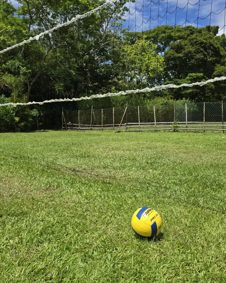 Rede de vôlei e bola no gramado do campo da fazenda
