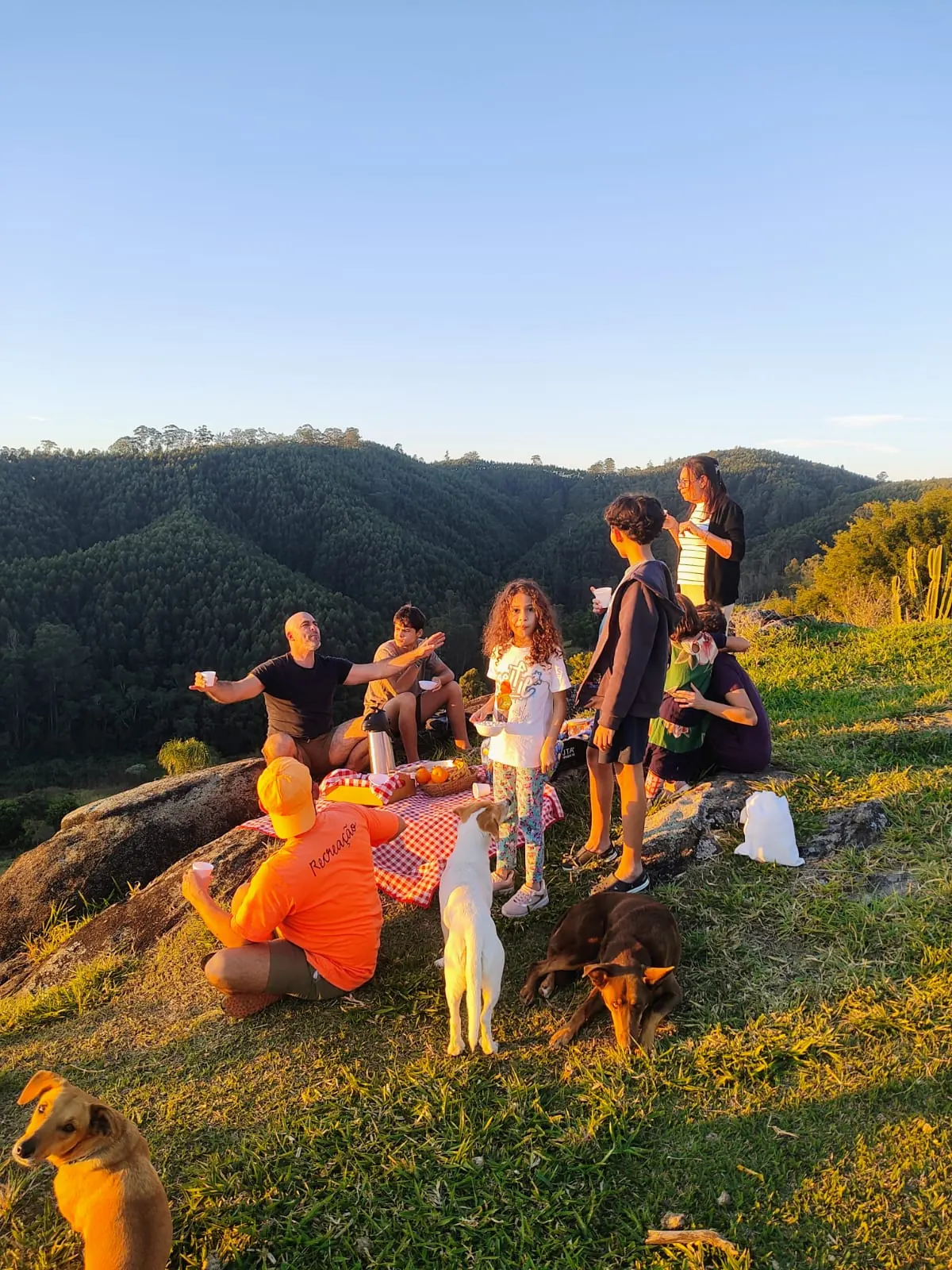 Famílias no piquenique do mirante ao pôr do sol, com toalha xadrez e as montanhas ao fundo
